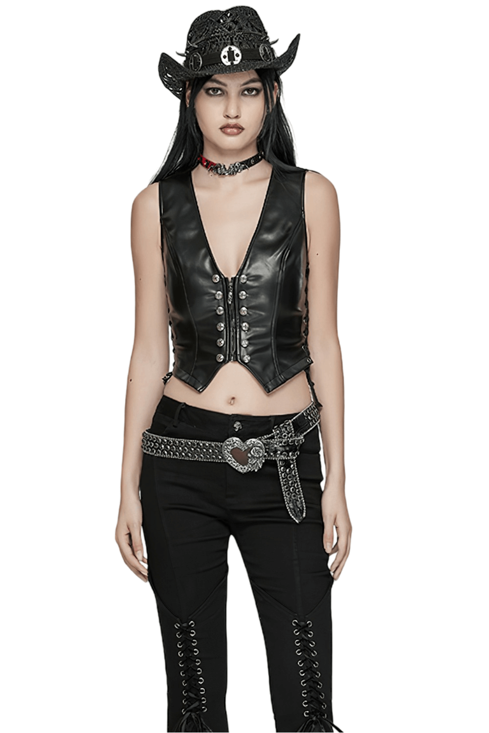 Model showcasing a stylish black leather vest with edgy details, paired with black pants and a trendy cowboy hat.