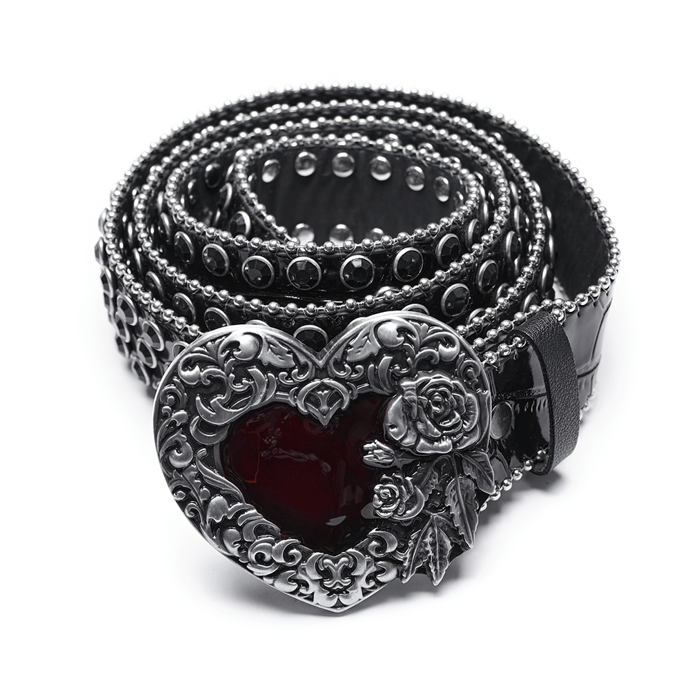 Gothic heart-shaped black leather belt with rhinestones and rose design, perfect for stylish rock and roll outfits.