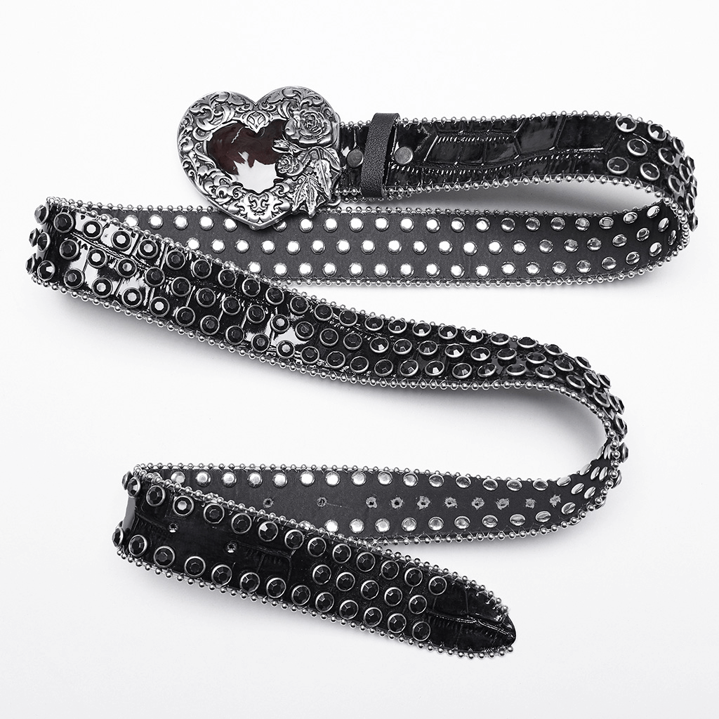 Gothic black leather belt with heart-shaped buckle and rhinestones, perfect for edgy rock and roll style.