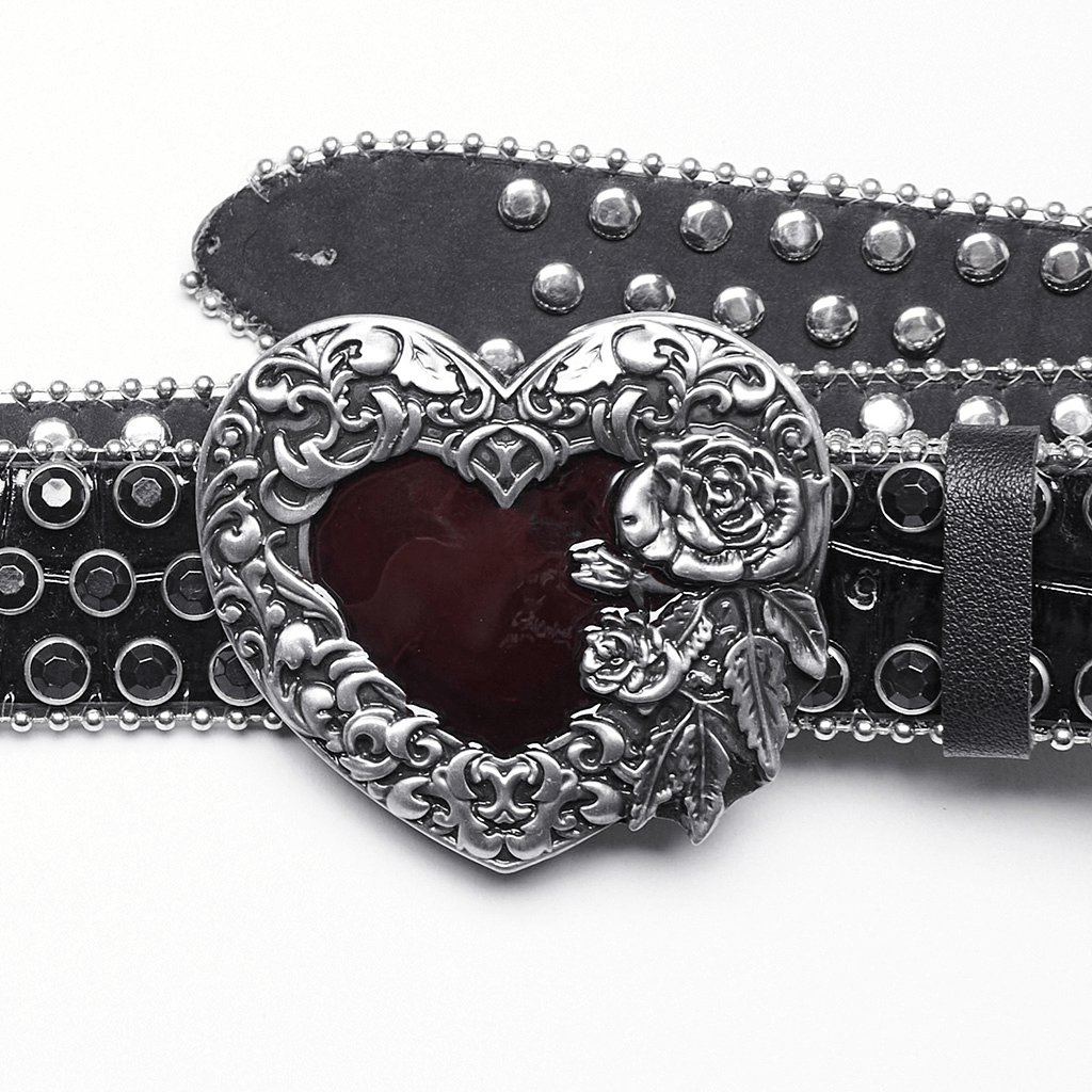 Gothic heart-shaped black leather belt adorned with rhinestones and rose design, perfect for a rock and roll style.