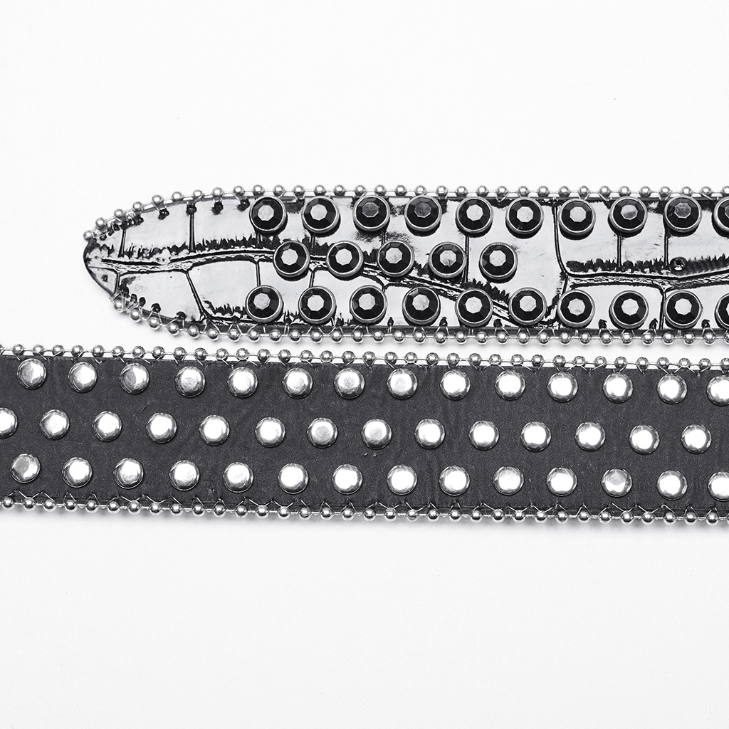 Gothic heart shape black belt close-up, featuring rhinestones and edgy designs for a rock and roll aesthetic.