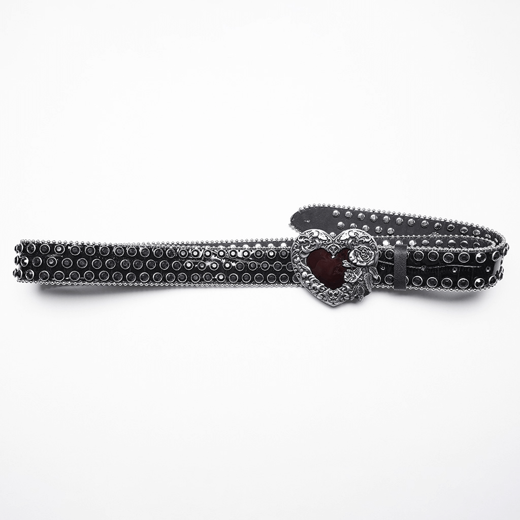 Gothic heart shape black belt with rhinestones and rose design for edgy rock and roll style.