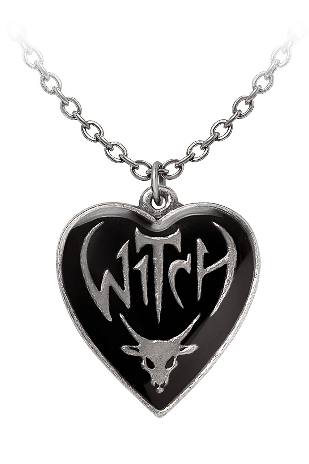 Gothic Heart Witch Pendant with Reversible Pewter Design featuring black enamel and bold Witch lettering.