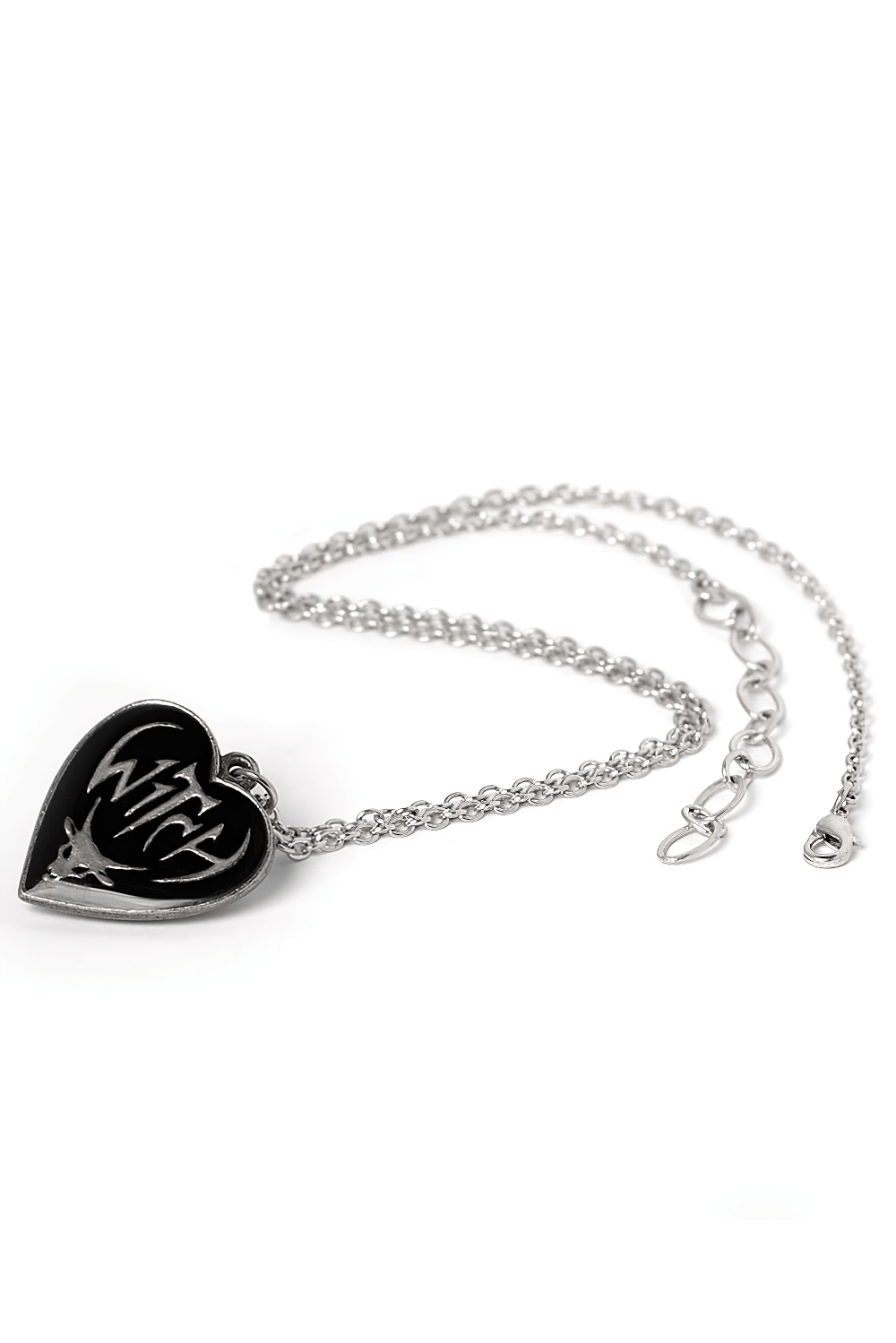 Gothic Heart Witch Pendant with Reversible Pewter Design featuring bold Witch lettering and black enamel charm.