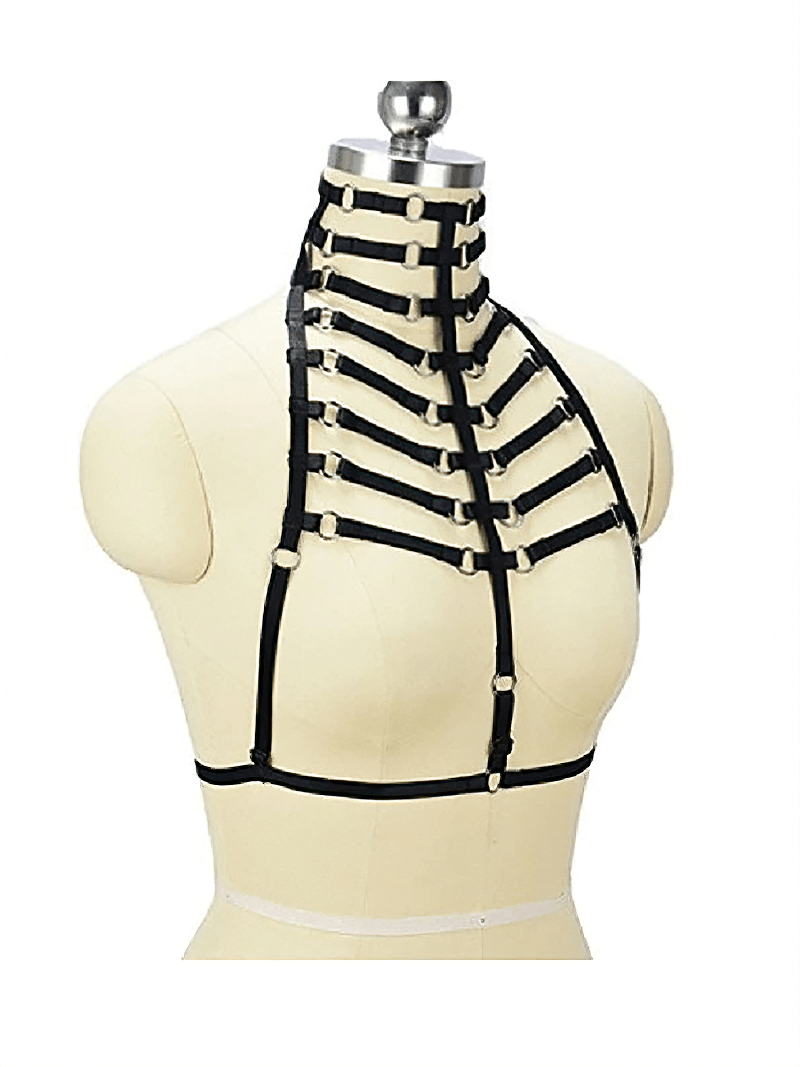 Gothic high collar garter bra on a mannequin, featuring black straps and silver buckles for a sexy body harness look.