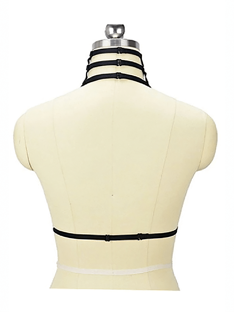 Back view of a gothic high collar garter bra for women, showcasing its elastic straps and silver buckles.
