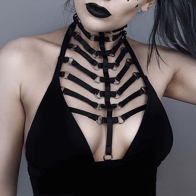 Gothic high collar garter bra featuring silver buckles, perfect for a sexy body harness look.