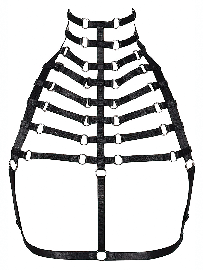 Gothic high collar garter bra in black with silver buckles, perfect for adding a unique touch to intimate apparel.
