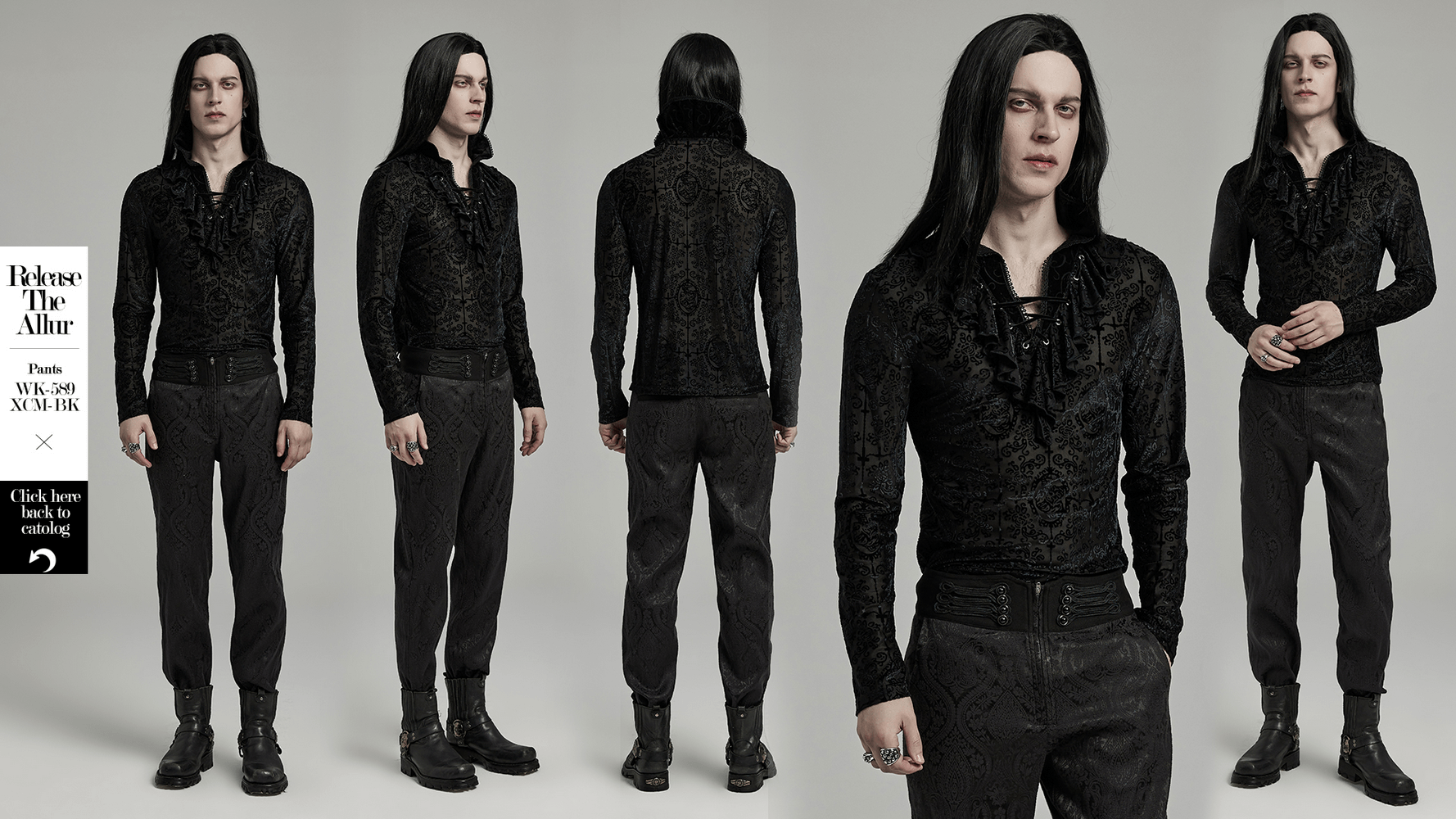Gothic High Collar Velvet Top for Men featuring lace trim, styled with dark trousers and boots.