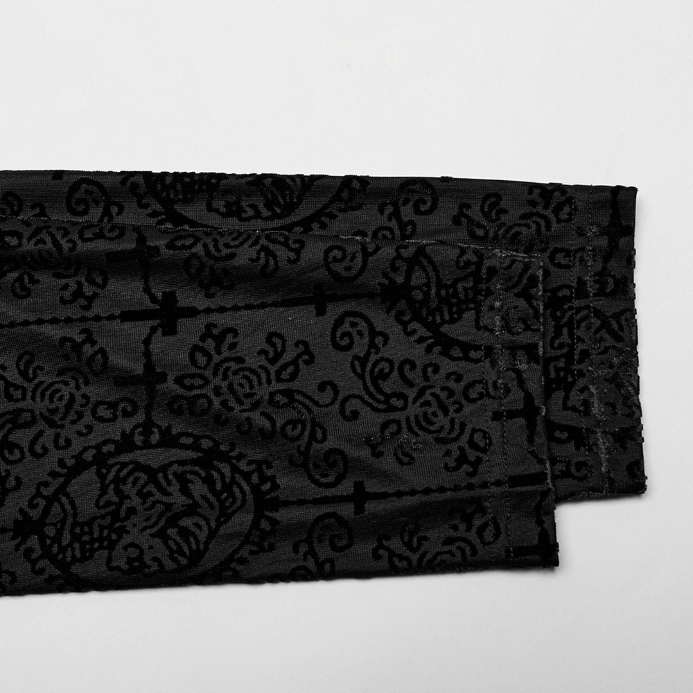 Gothic high collar velvet top featuring intricate embossed pattern and lace trim details.