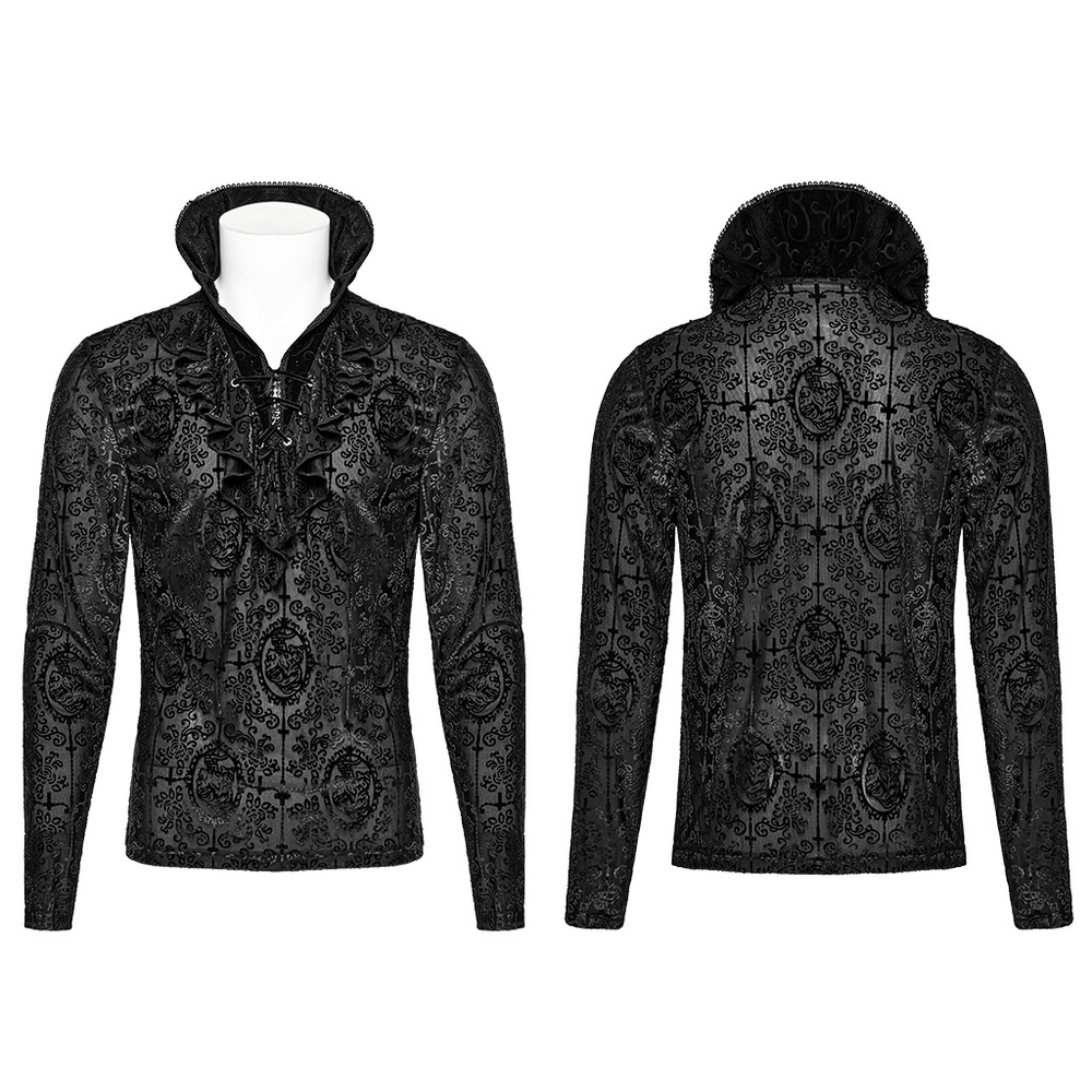 Gothic high collar velvet top for men with lace trim and ornate embossed design, showcasing front and back views.