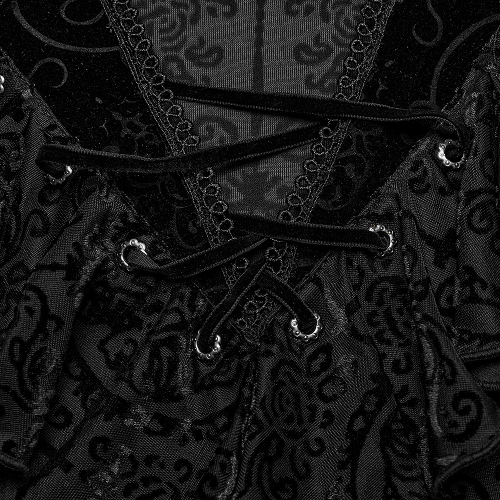 Close-up of Gothic high collar velvet top details with lace trim and adjustable drawstring.