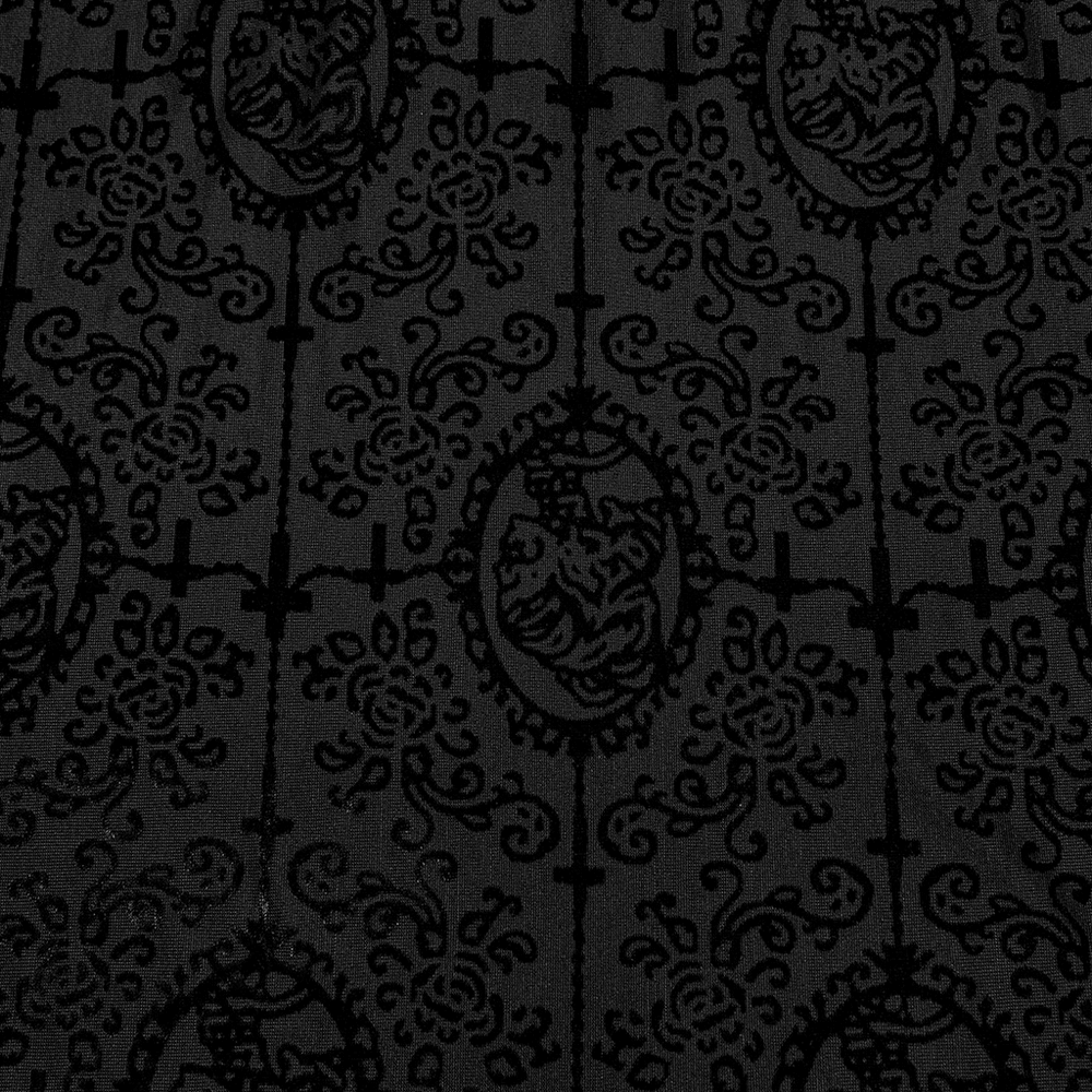Elegant black embossed velvet fabric with intricate floral and medallion patterns, perfect for Gothic fashion.