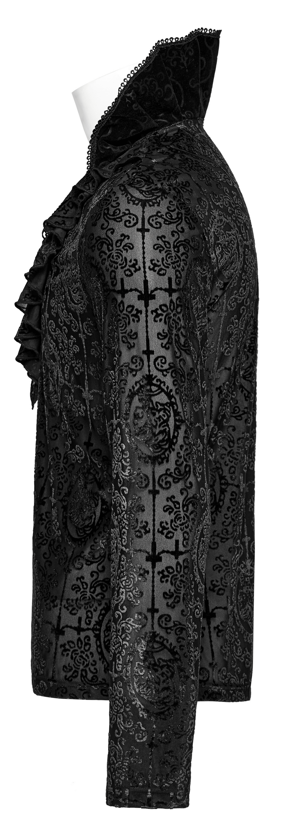 Side view of Gothic High Collar Lace-Trim Velvet Top for Men, showcasing ruffled details and embossed velvet design.