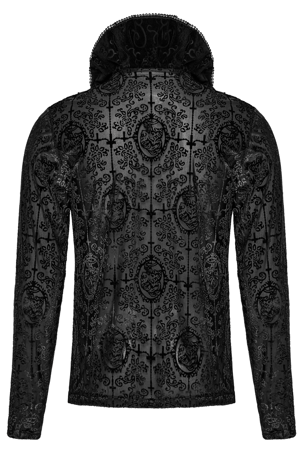Gothic high collar velvet top for men featuring lace trim and embossed pattern, perfect for a dark, stylish look.