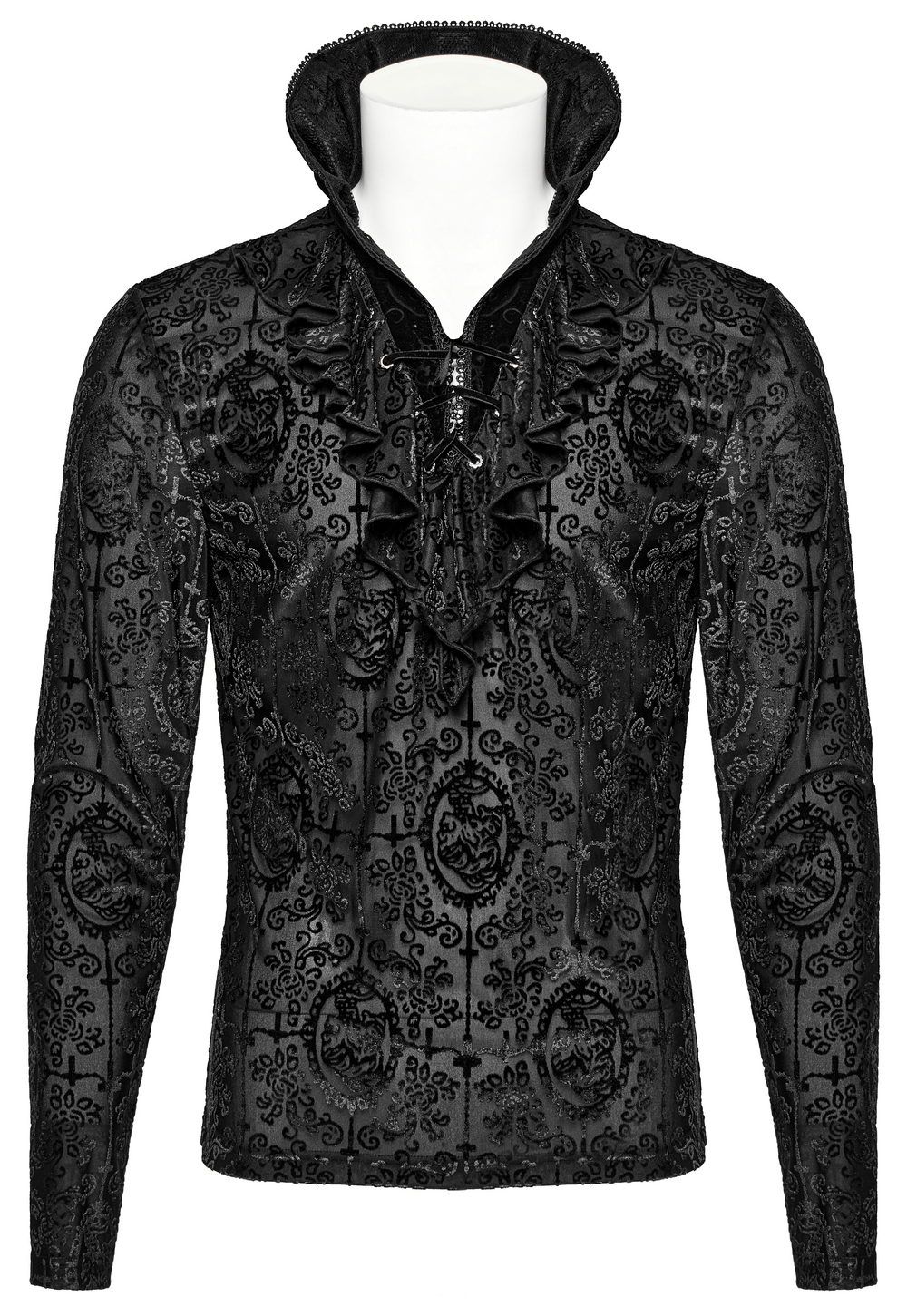 Gothic high collar black velvet top with lace detail, ruffled edges, and embossed patterns for men.