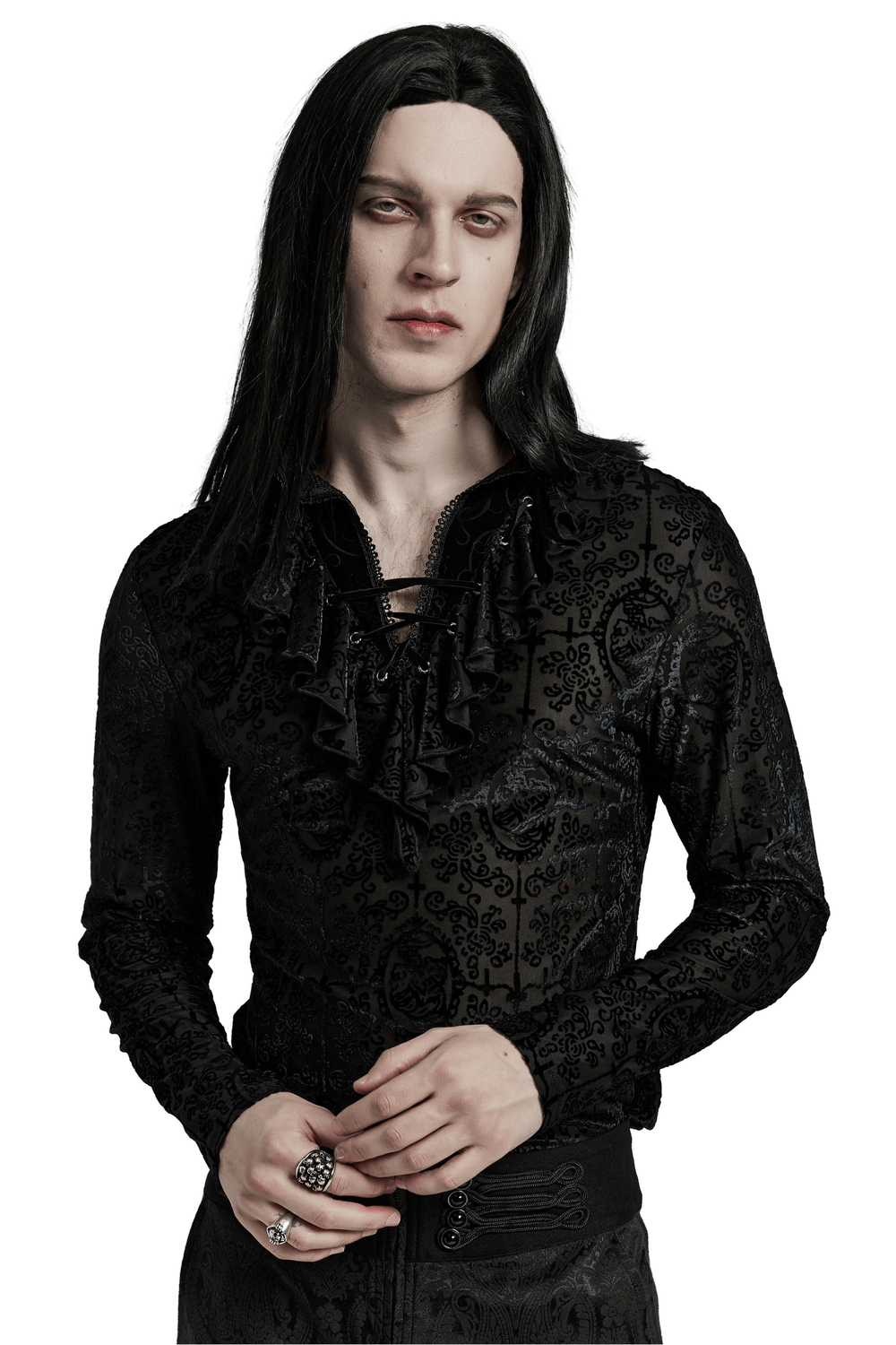 Gothic high collar velvet top for men with lace trim and ruffled detail, worn by a model with long dark hair.