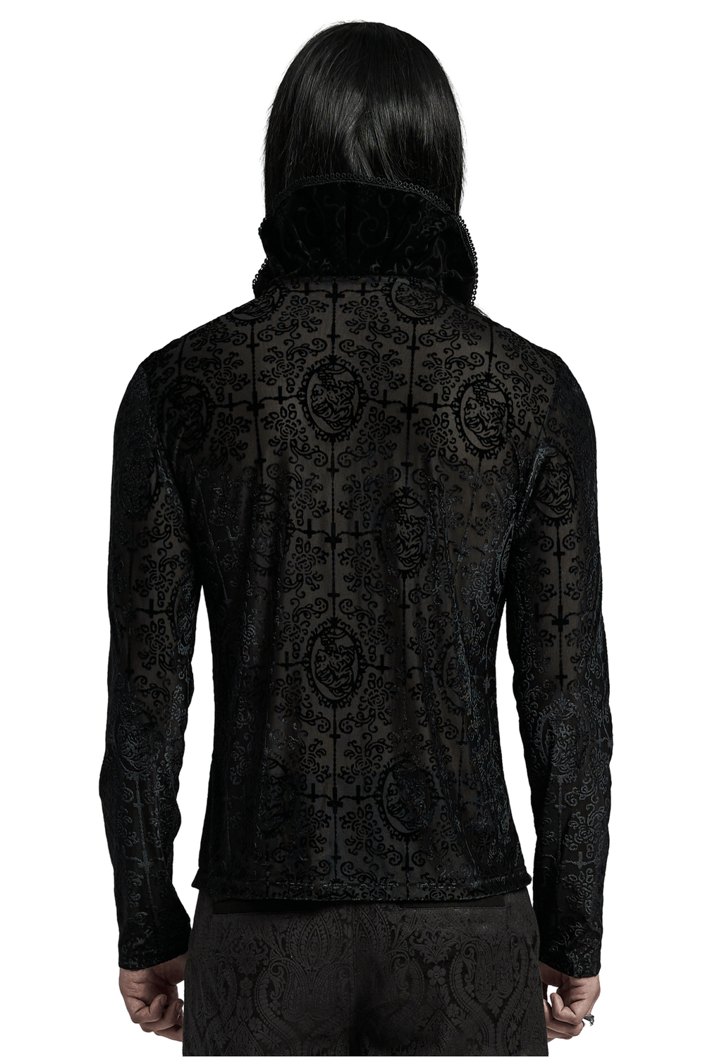 Back view of Gothic High Collar Velvet Top for Men with intricate lace detail and embossed velvet pattern.