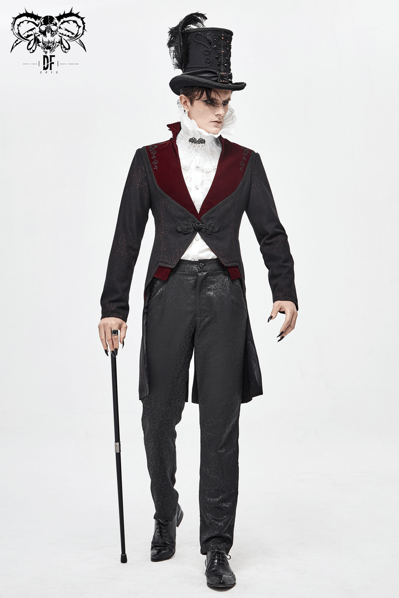 Dapper individual in a gothic high collar suit with a top hat and cane, showcasing vintage punk elegance.