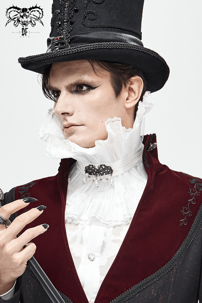 Gothic high collar with beaded brooch and a stylish top hat, showcasing a refined vintage aesthetic.