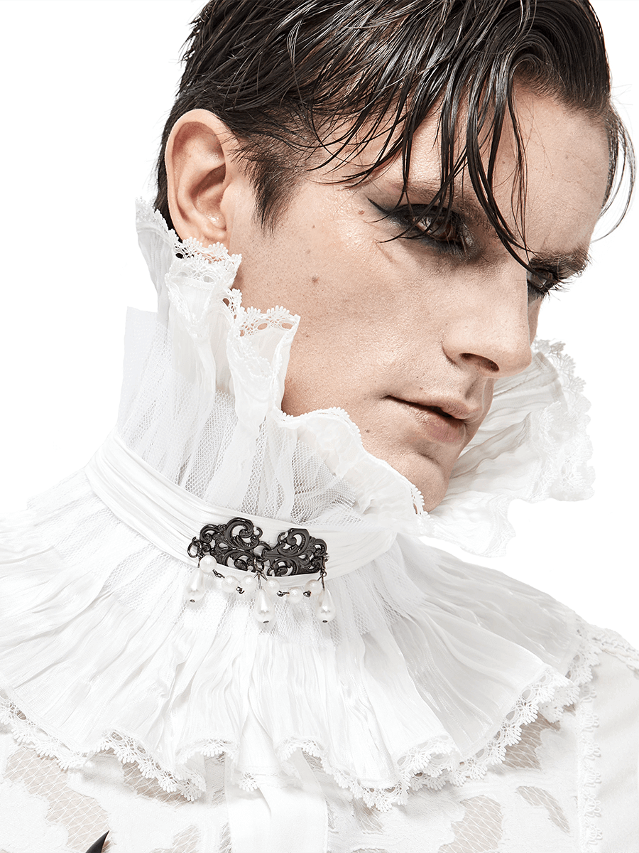 Close-up of unisex gothic white lace high collar with beaded brooch, stylish vintage punk accessory.