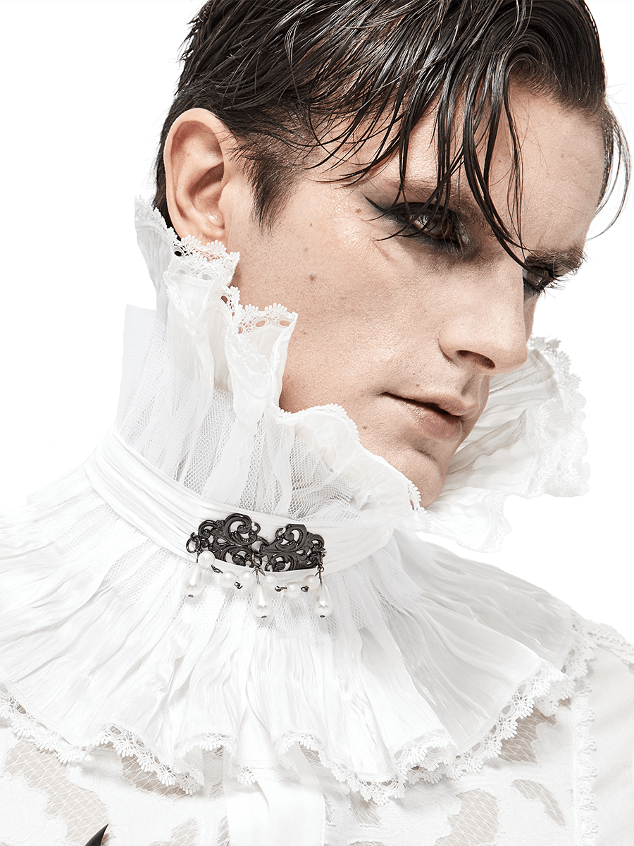 Gothic High Collar with Beaded Brooch / Punk Ruffle Collar