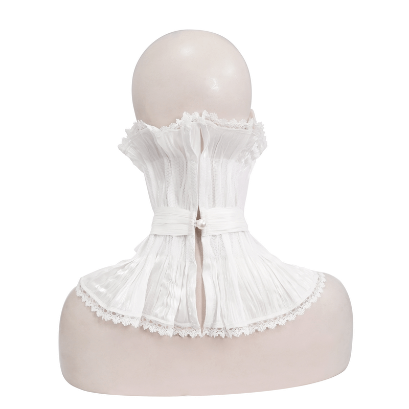 Back view of a gothic white lace high collar with ruffles and a delicate lace hem, perfect for unisex styles.