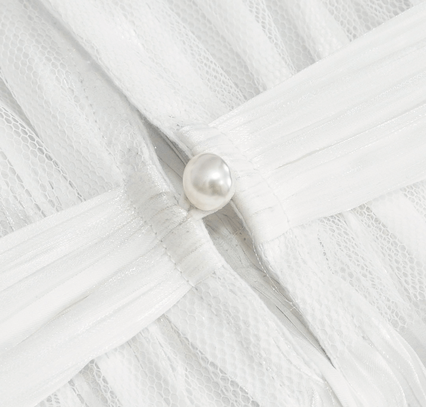 Close-up of a white lace high collar featuring an elegant pearl brooch, perfect for gothic or punk style outfits.