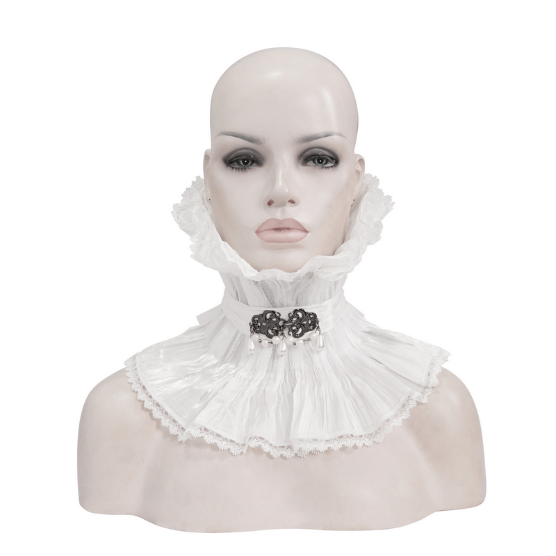 Gothic high collar with beaded brooch on mannequin, showcasing white lace ruffles and vintage punk style.