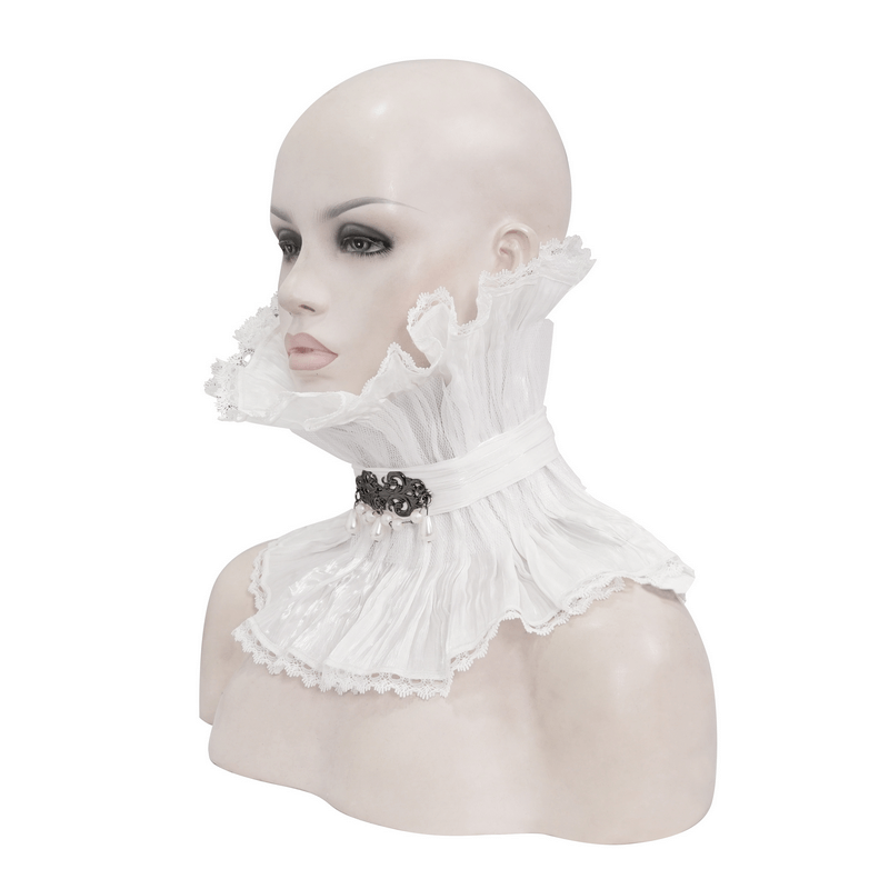 Gothic white lace high collar with beaded brooch on mannequin showcasing punk ruffle style accessory.