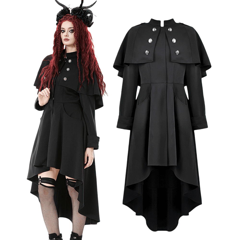 Gothic High Low Coat Dress with Cape and Silver Buttons featuring a dramatic design and elegant details.