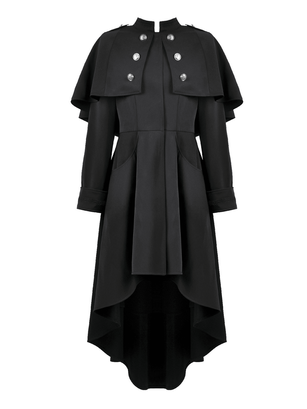Gothic High Low Coat Dress with Cape and Silver Buttons featuring high-low hem and epaulet details.