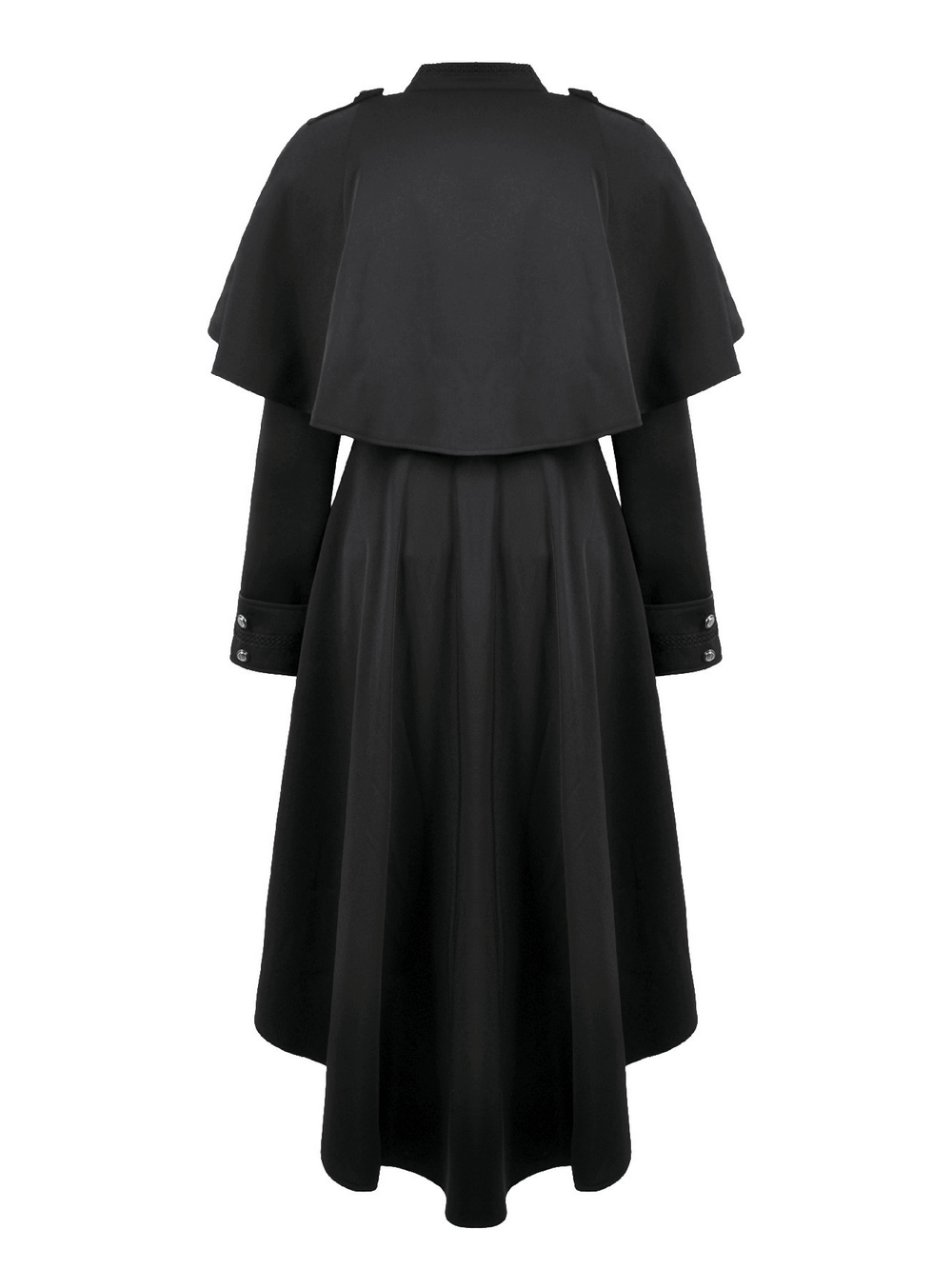 Gothic High Low Coat Dress with Cape and Silver Buttons, showcasing a dramatic black design and flared hem.
