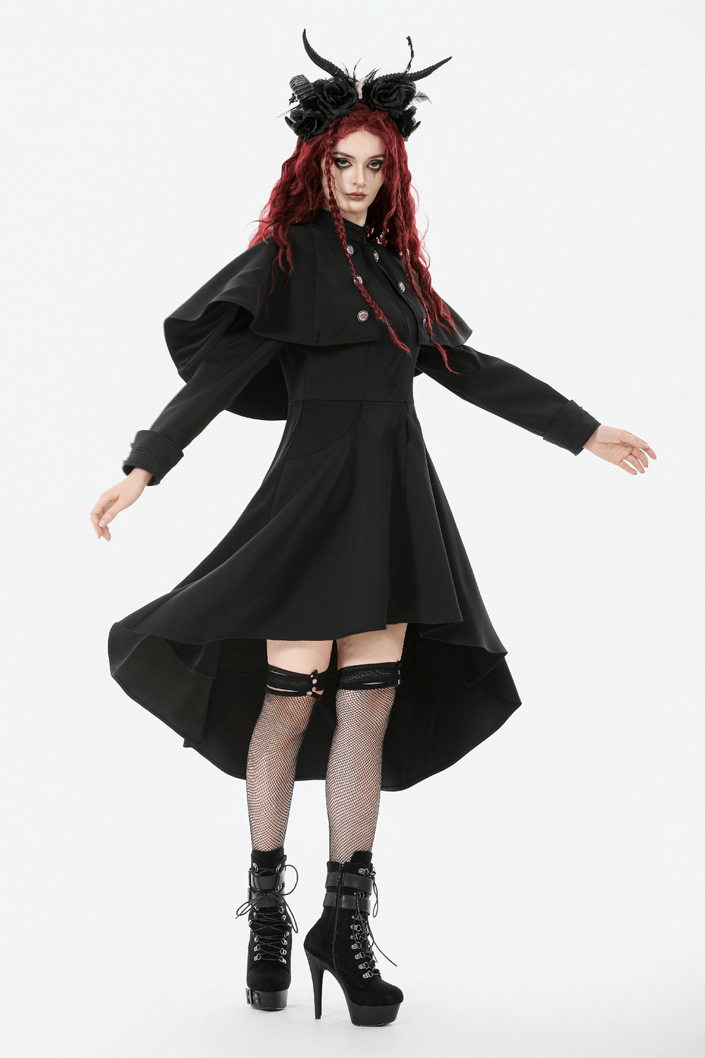 Gothic High Low Coat Dress with Cape and Silver Buttons worn by model with long sleeves and flared hem.