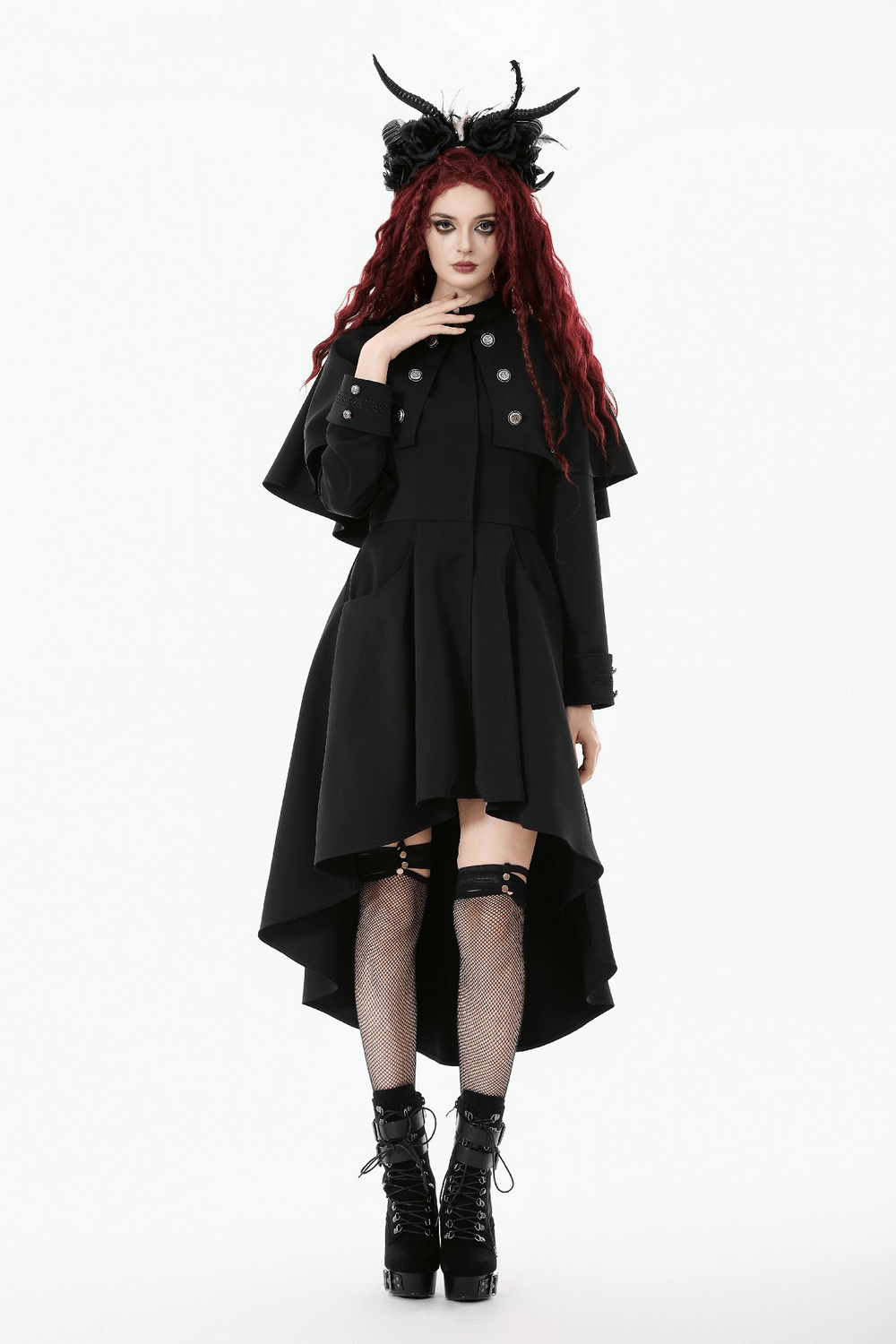 Gothic High Low Coat Dress with Cape and Silver Buttons modeled with a dramatic high-low hem and stylish cape overlay.