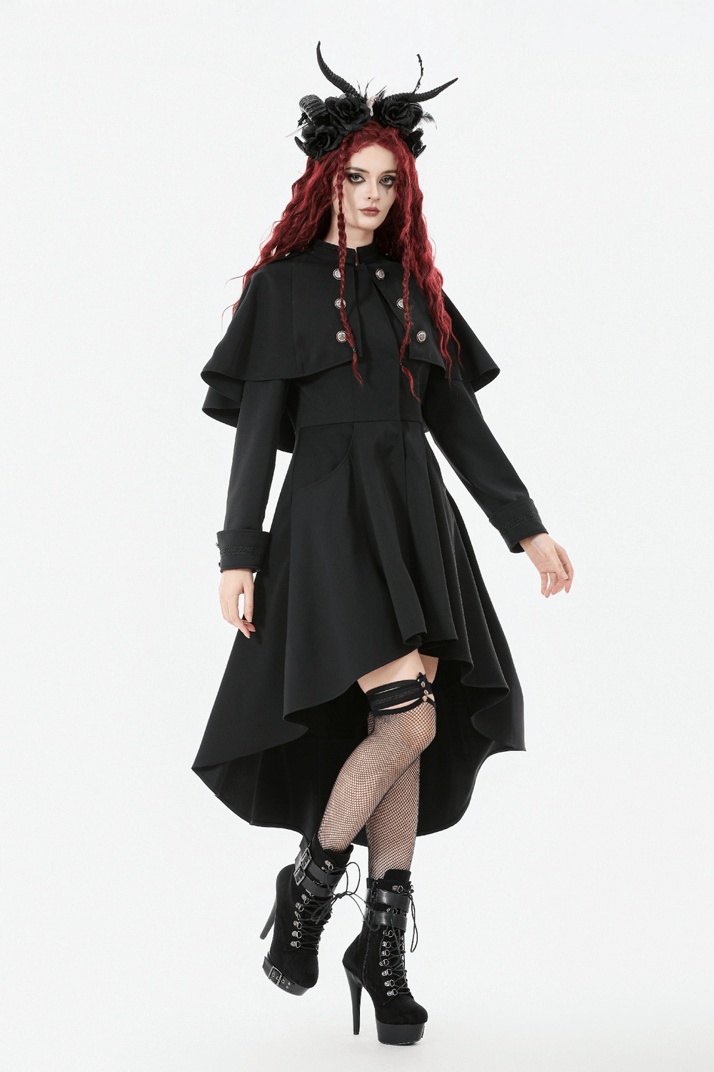 Gothic High Low Coat Dress with Cape and Silver Buttons worn by a model with red hair and high heels.
