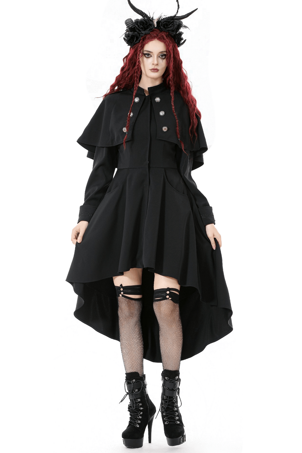 Gothic High Low Coat Dress with Cape and Silver Buttons worn by a model with long red hair.
