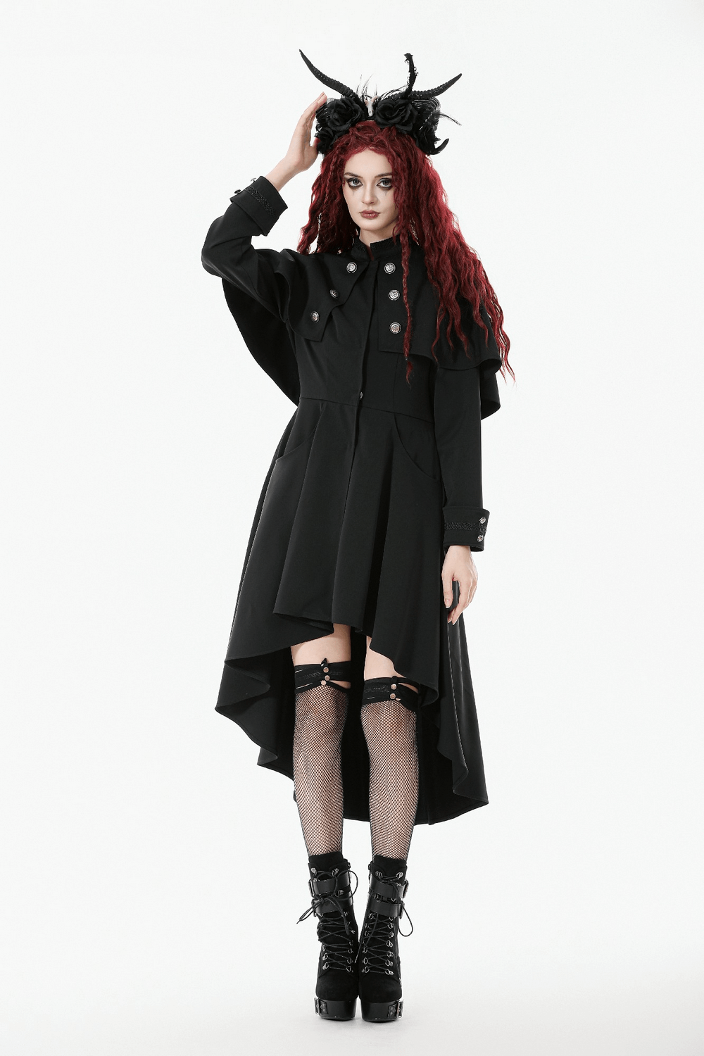Gothic High Low Coat Dress with Cape and Silver Buttons worn by model with dark hair and dramatic horns.