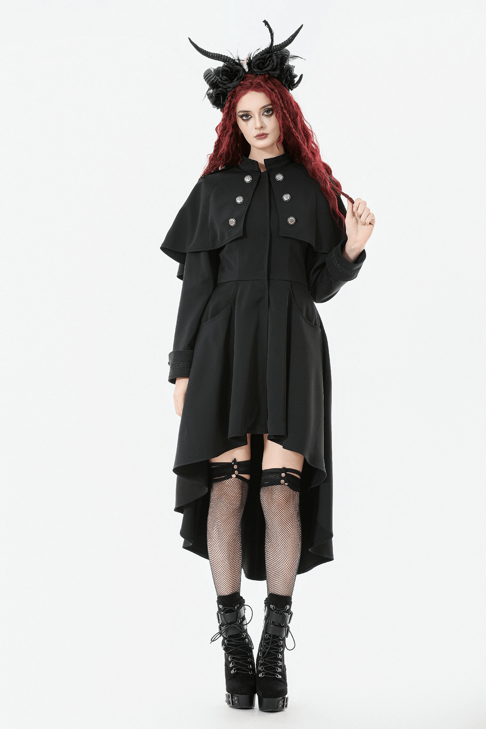 Gothic High Low Coat Dress with Cape and Silver Buttons modeled by a woman with red hair and accessories.