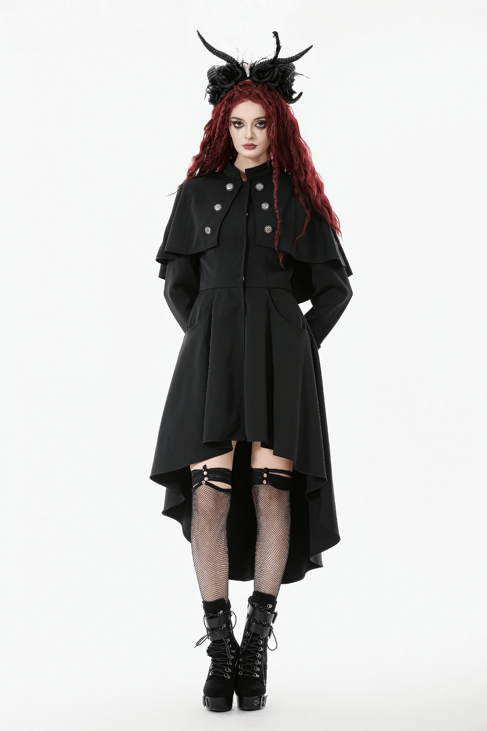 Gothic High Low Coat Dress with Cape and Silver Buttons, featuring a dramatic high-low hem and silver-tone buttons.