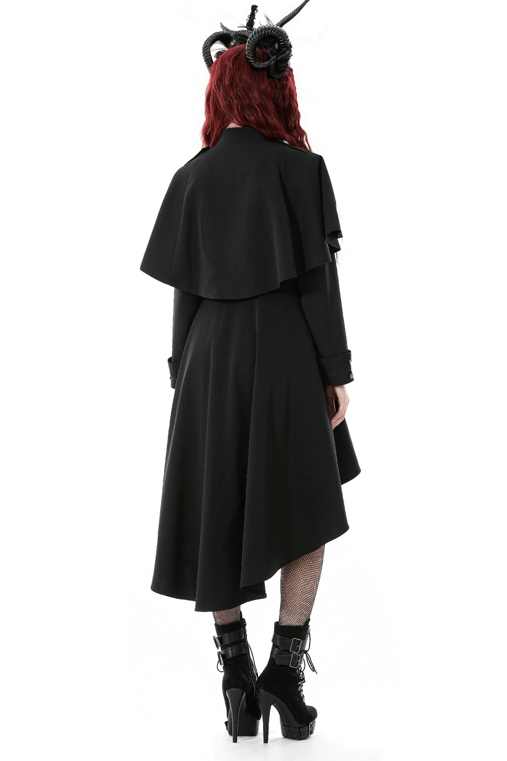 Gothic High Low Coat Dress with Cape and Silver Buttons, showcasing the dramatic cape and high-low hem from the back.