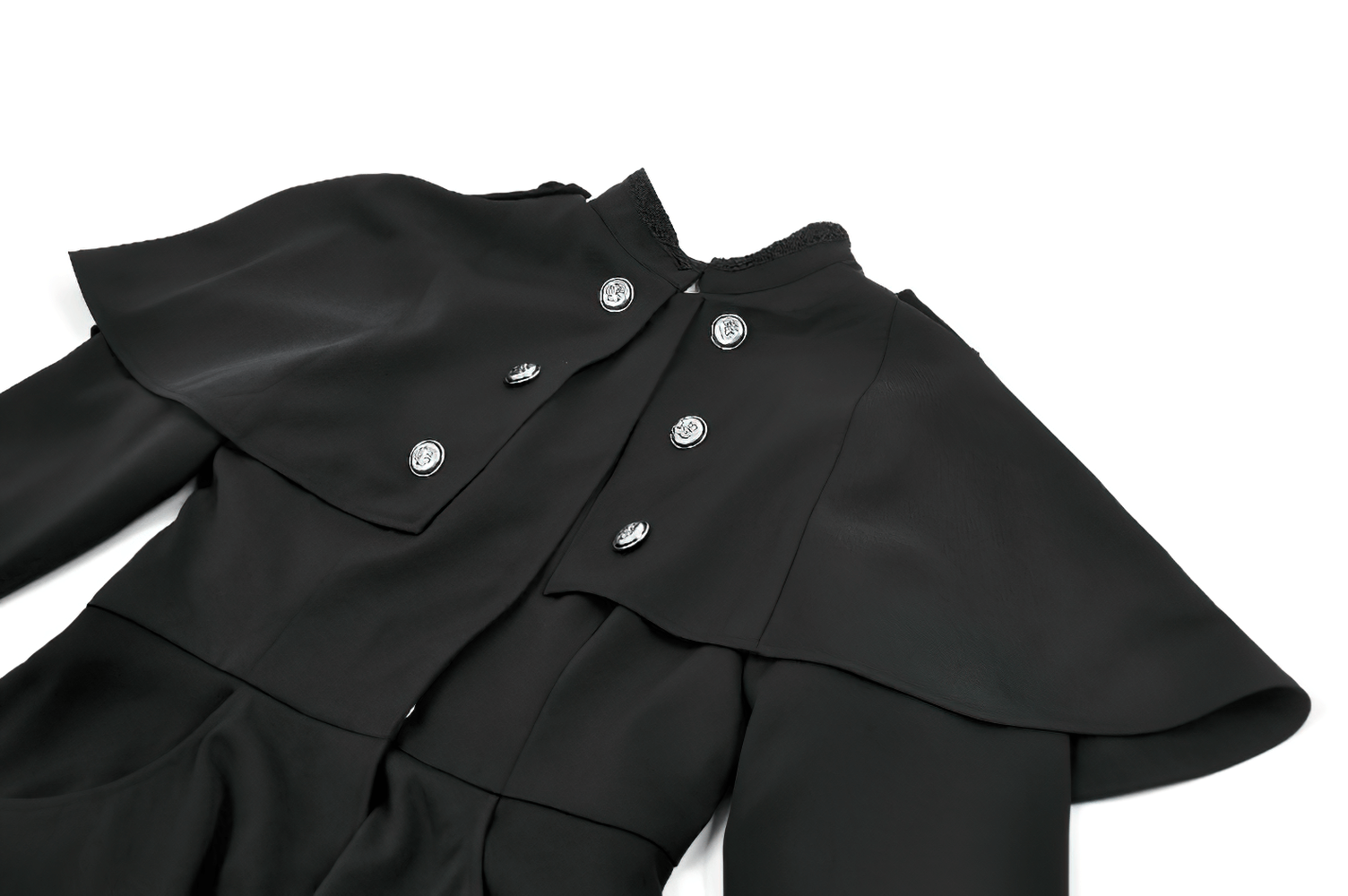 Gothic High Low Coat Dress with Cape and Silver Buttons featuring dramatic cape overlay and silver-tone buttons.