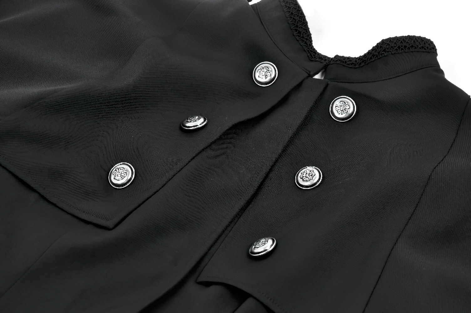 Gothic High Low Coat Dress with Cape and Silver Buttons detailing showcasing silver-tone buttons on black fabric.