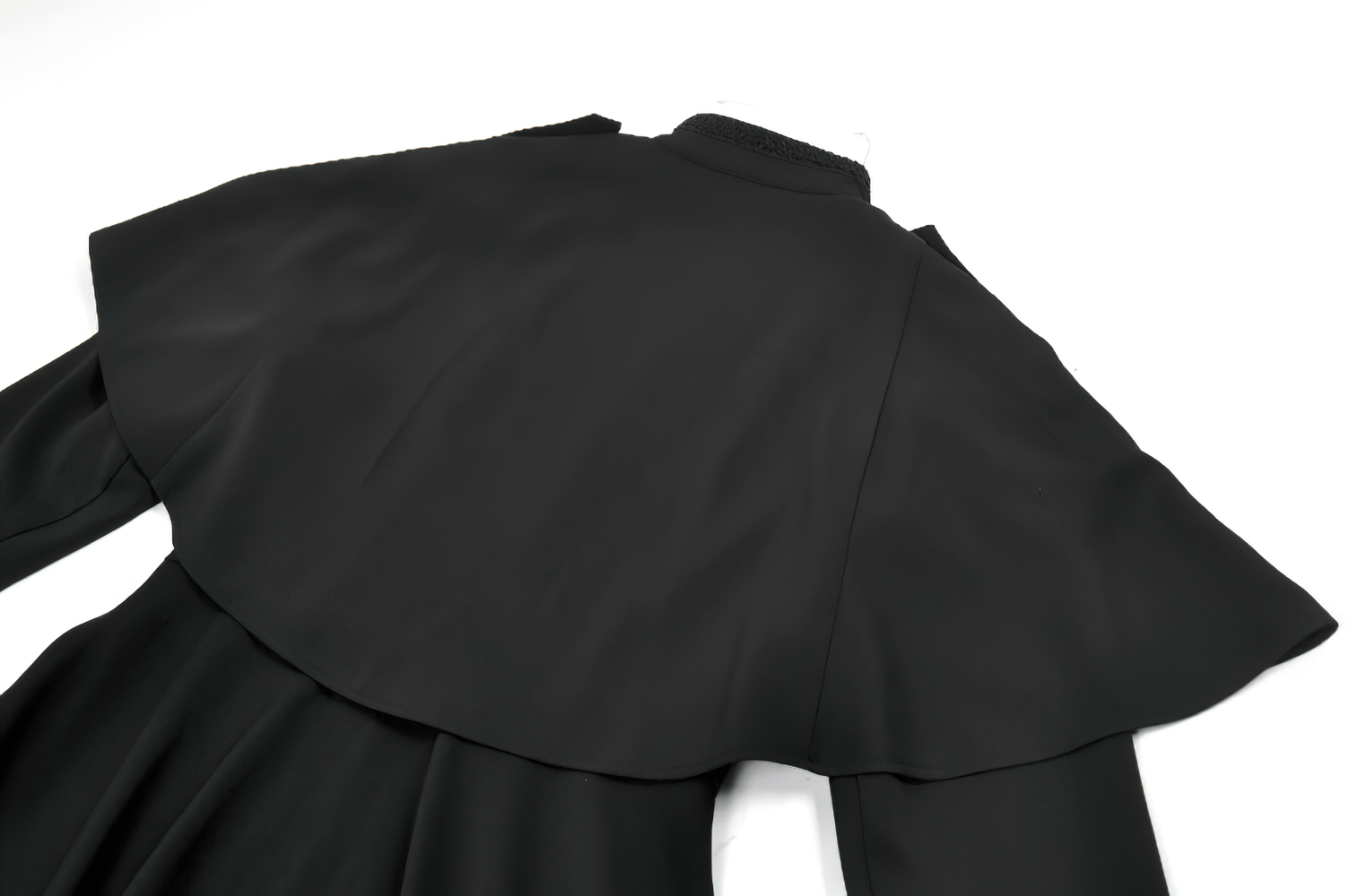 Gothic High Low Coat Dress with Cape and Silver Buttons back view showcasing the cape overlay and elegant design.