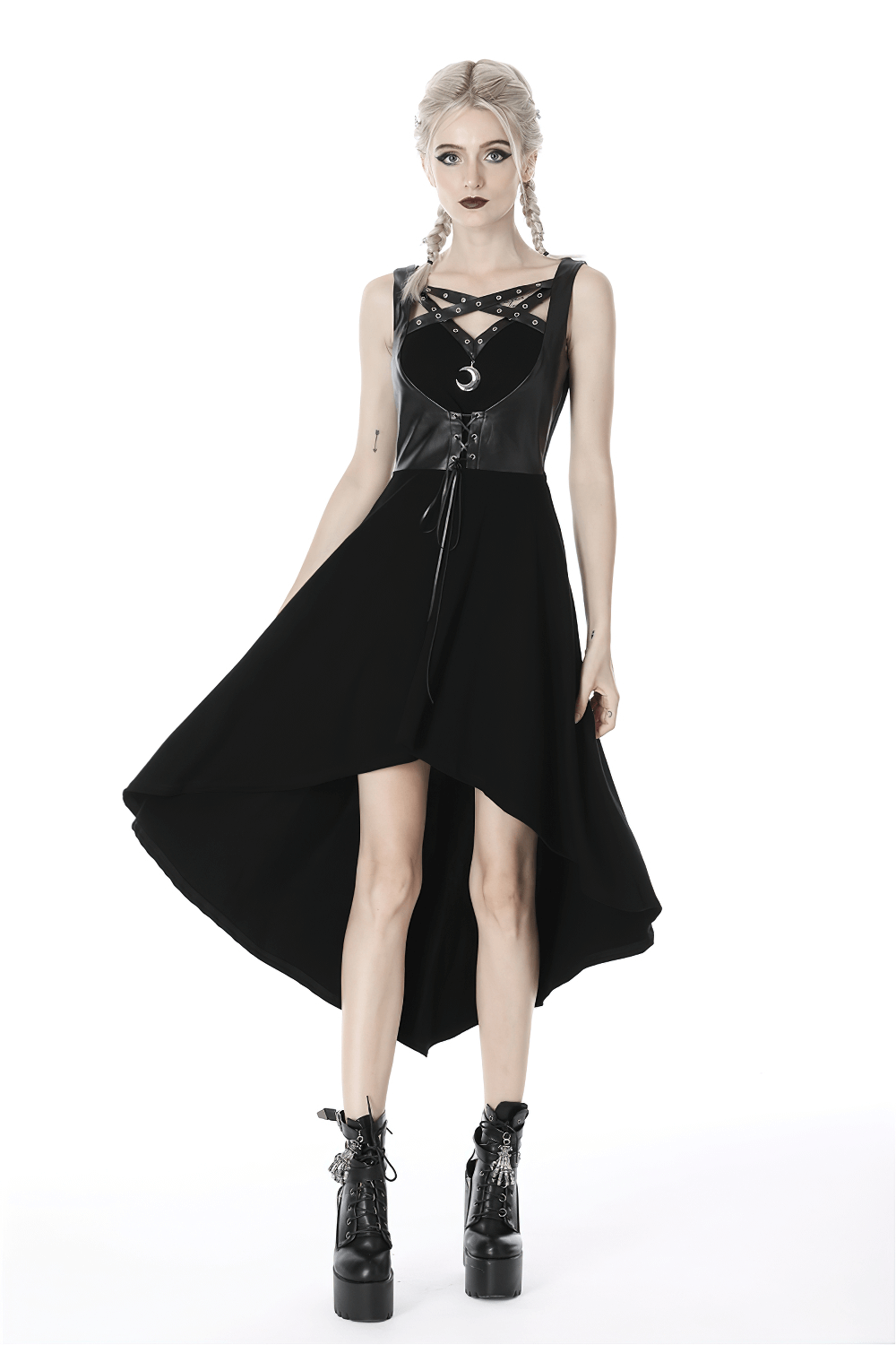 Gothic High-Low Dress with Lace-Up Corset and Moon Pendant