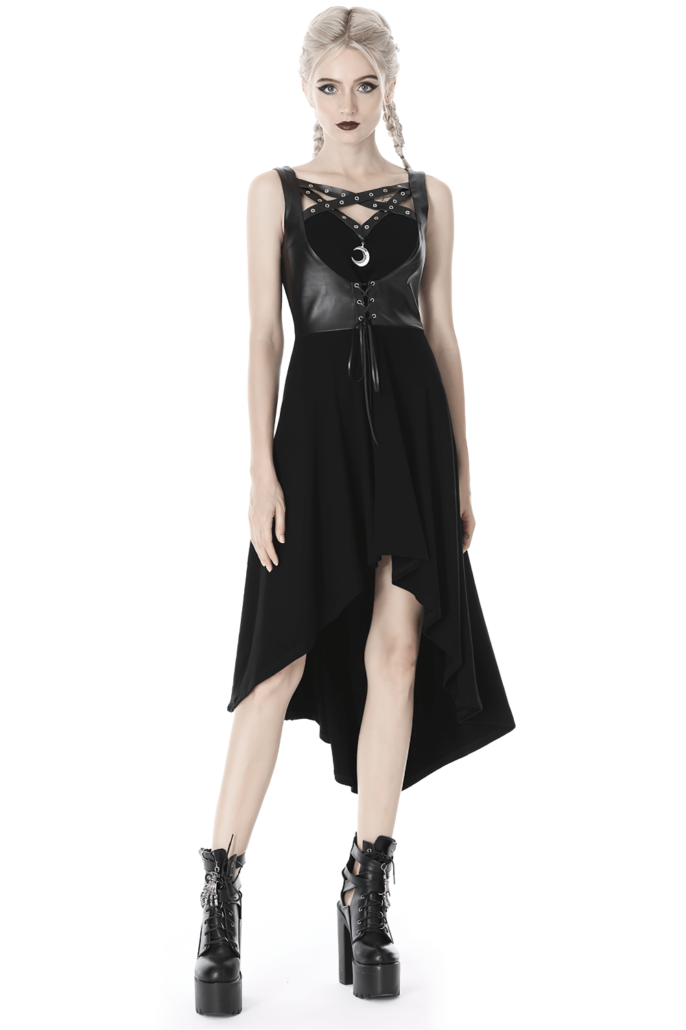 Gothic High-Low Dress with Lace-Up Corset and Moon Pendant