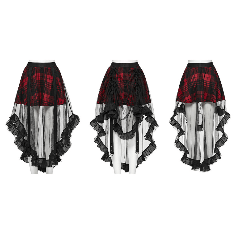 Gothic high-low tulle skirt featuring red plaid design, ruffled trim, and adjustable pleats for a punk-inspired style.
