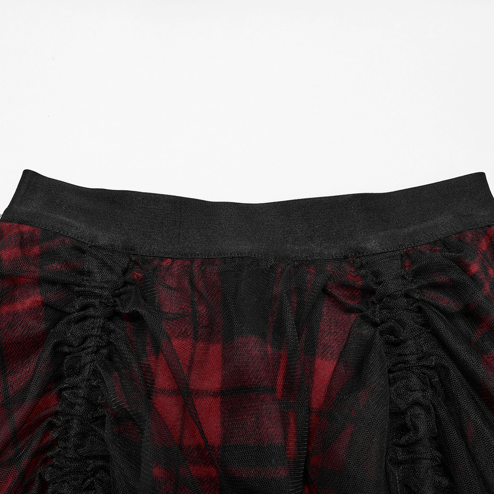 Gothic high-low tulle skirt waist with red plaid design and ruffled pleats, showcasing punk-inspired style.