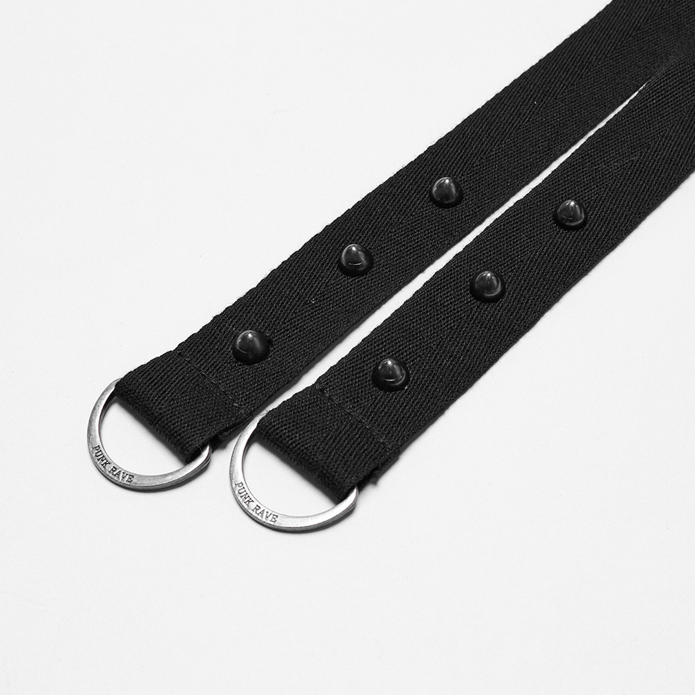 Black adjustable straps with silver rings and studs, perfect for adding a punk touch to outfits.