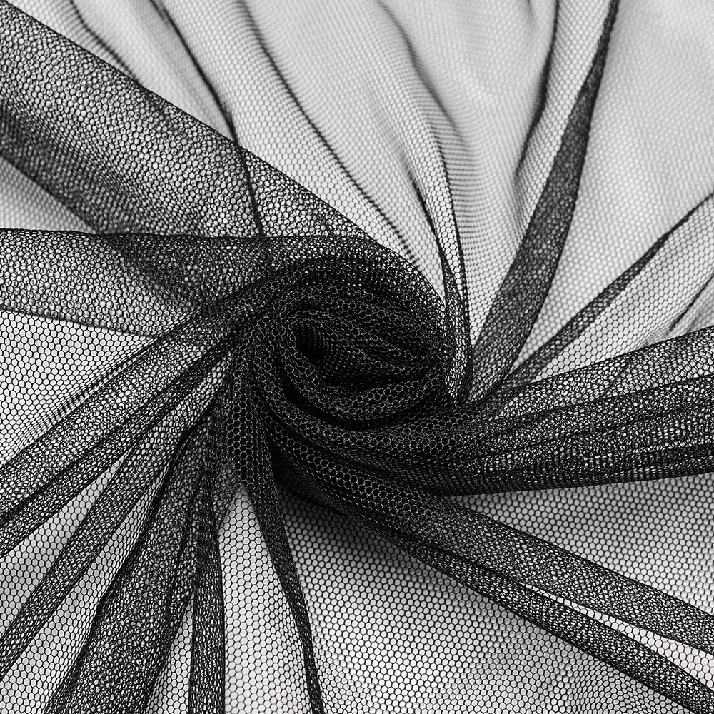 Close-up of black sheer mesh fabric showcasing intricate texture, perfect for gothic and punk styles.